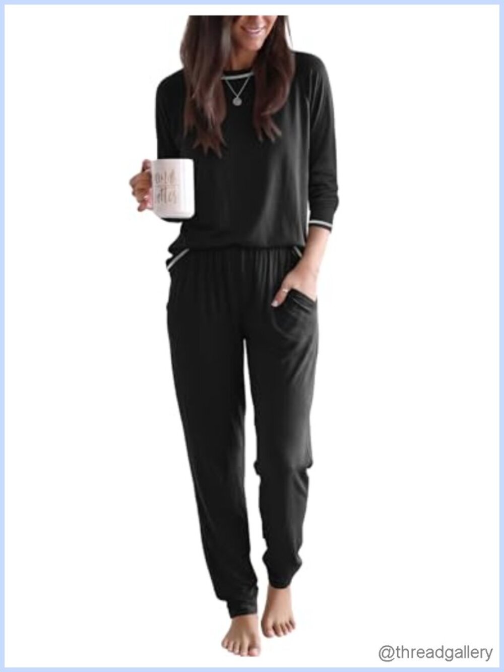 2 Piece Long Sleeve Pajama Set Jogger Sleepwear with Pockets